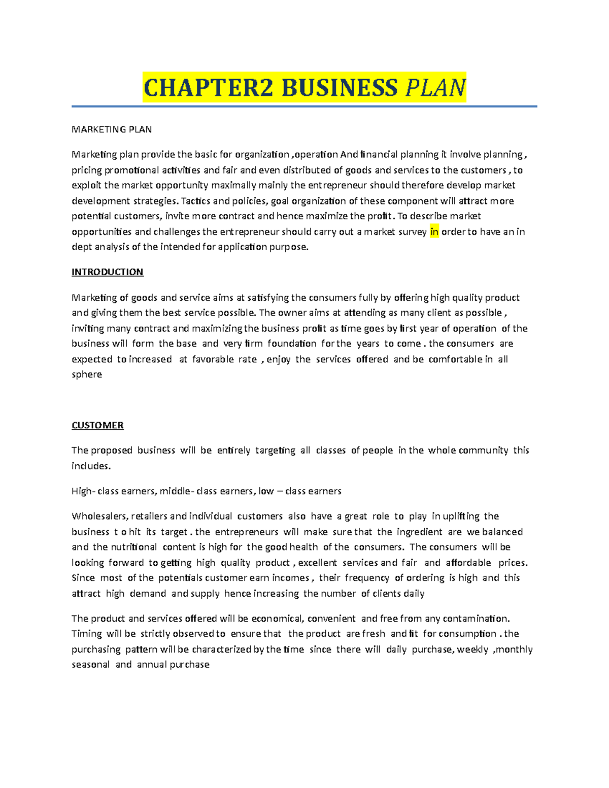 business plan sample chapter 2