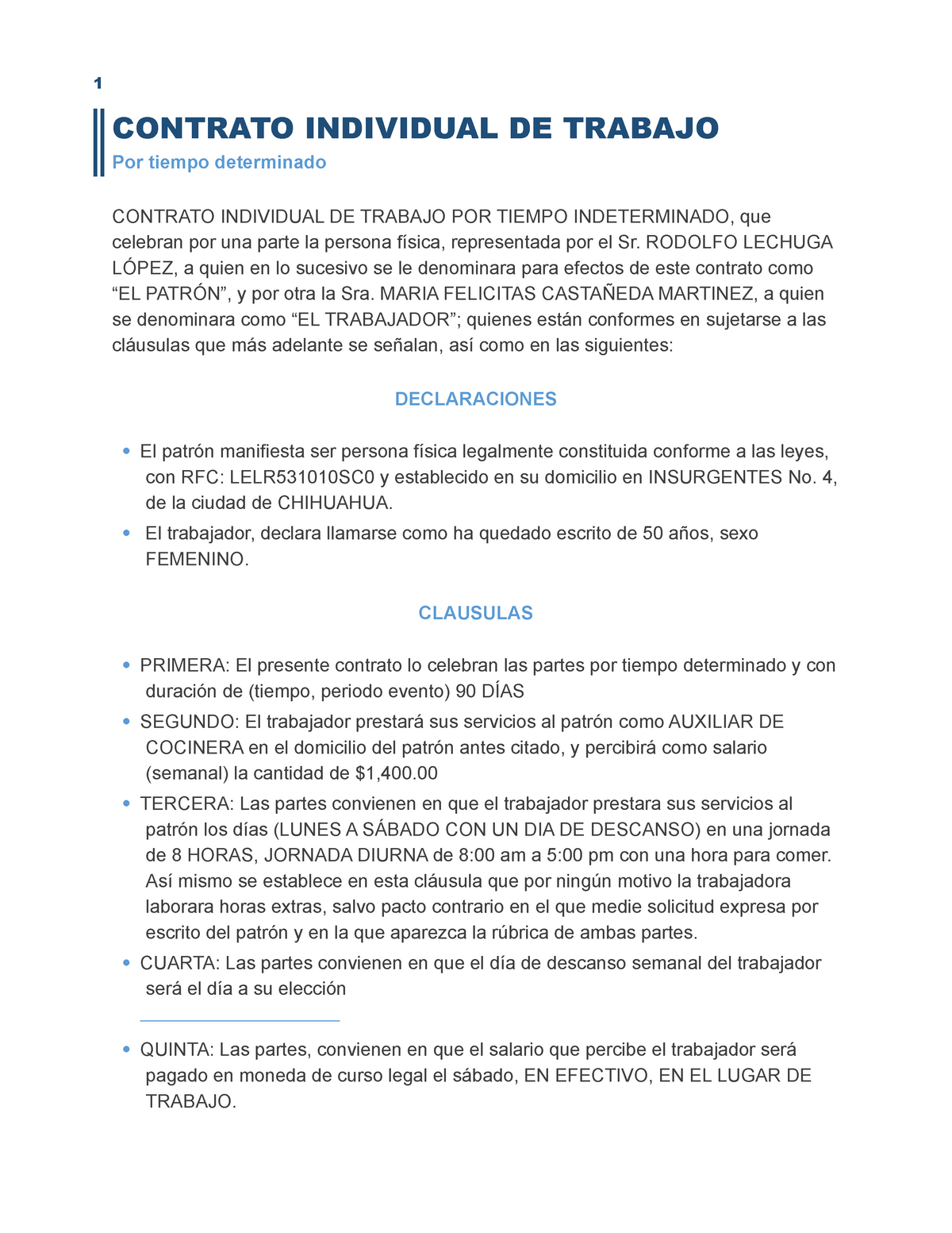 Contrato Laboral Individual 1 Contrato Individual De Trabajo Por