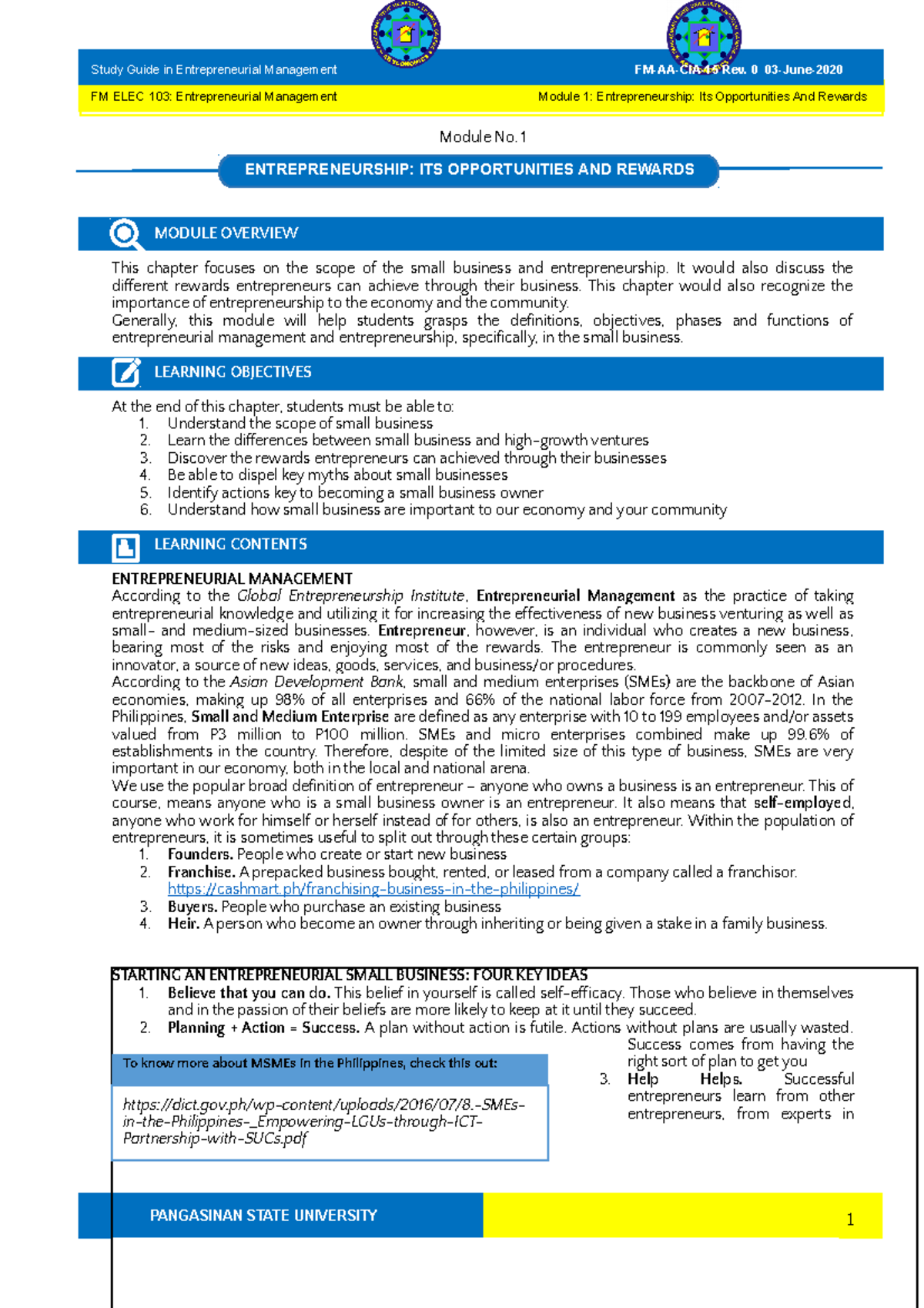 Study Guide 1 Entrep Management - Module No. 1 ENTREPRENEURSHIP: ITS ...