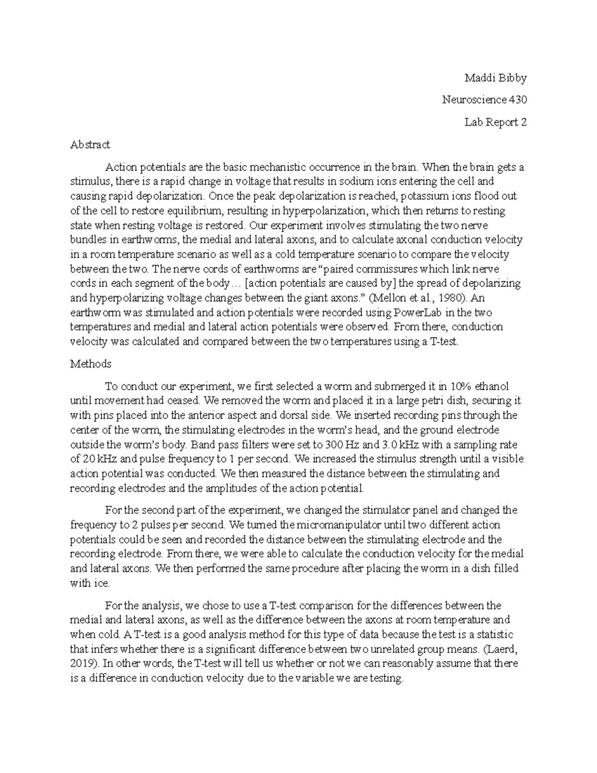 N430 Lab Report 2 - Maddi Bibby Neuroscience 430 Lab Report 2 Abstract ...