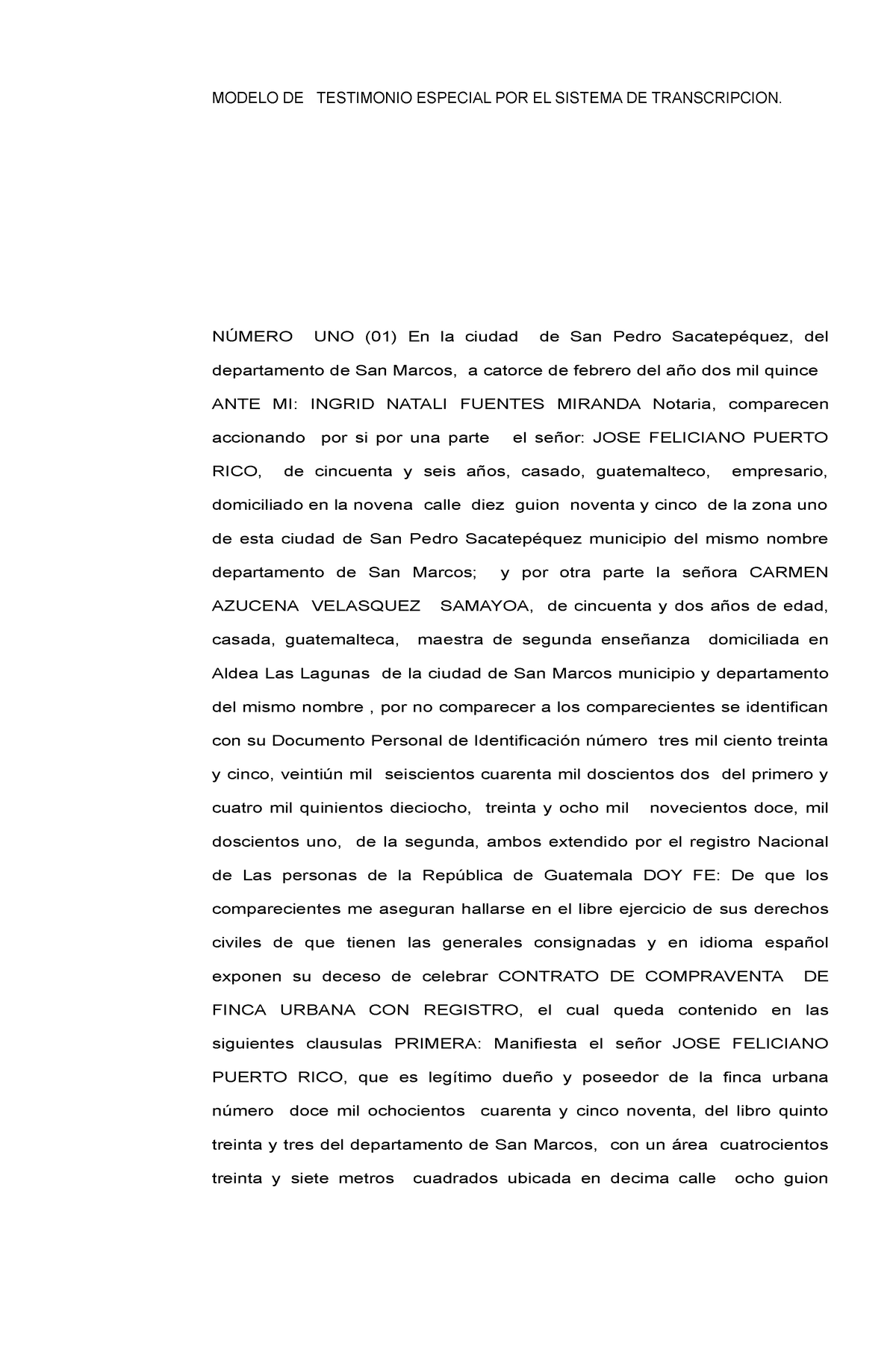 Ejemplo Testimonio Especial Por TranscripciÓn Modelo De Testimonio Especial Por El Sistema De 9601