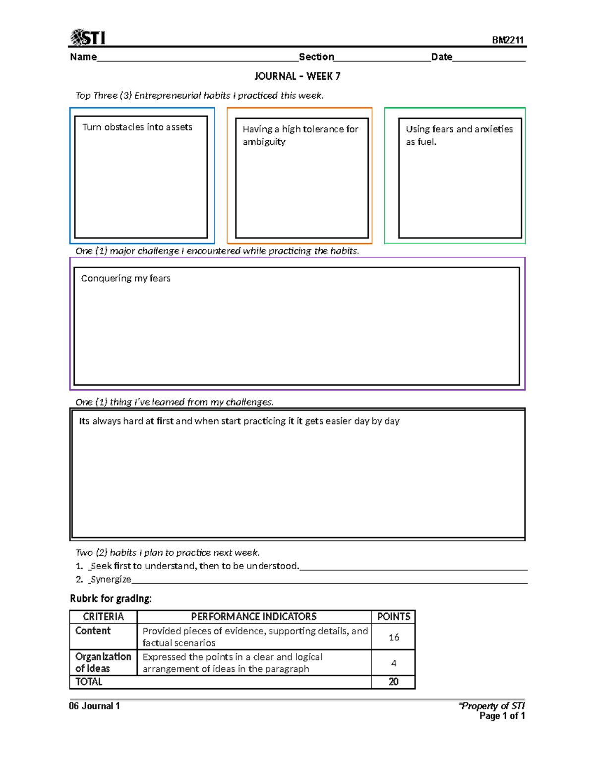 06 Journal 1 - asdasd - Name Section Date JOURNAL – WEEK 7 Top Three (3 ...