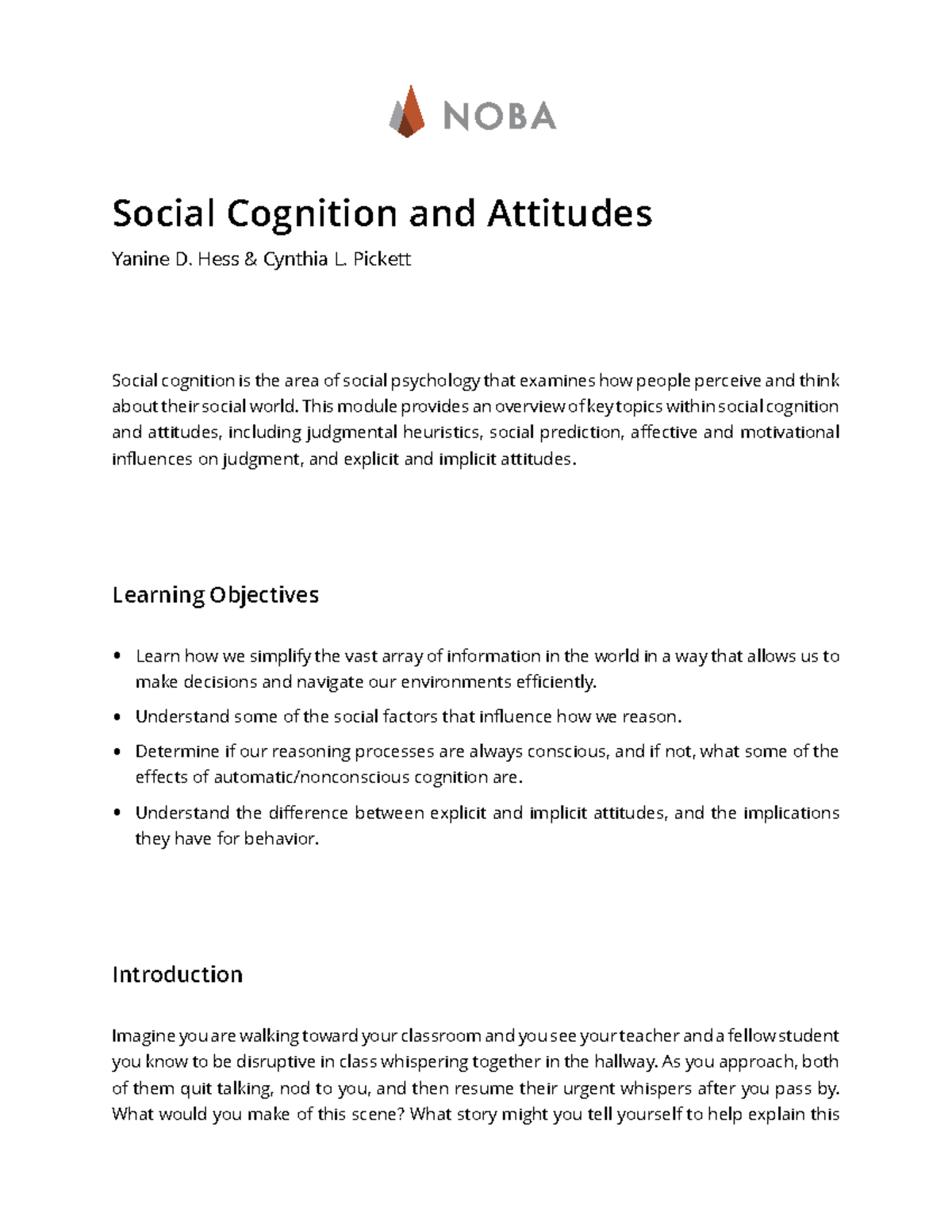 Social Cognition Readings - N O B A Social Cognition And Attitudes ...