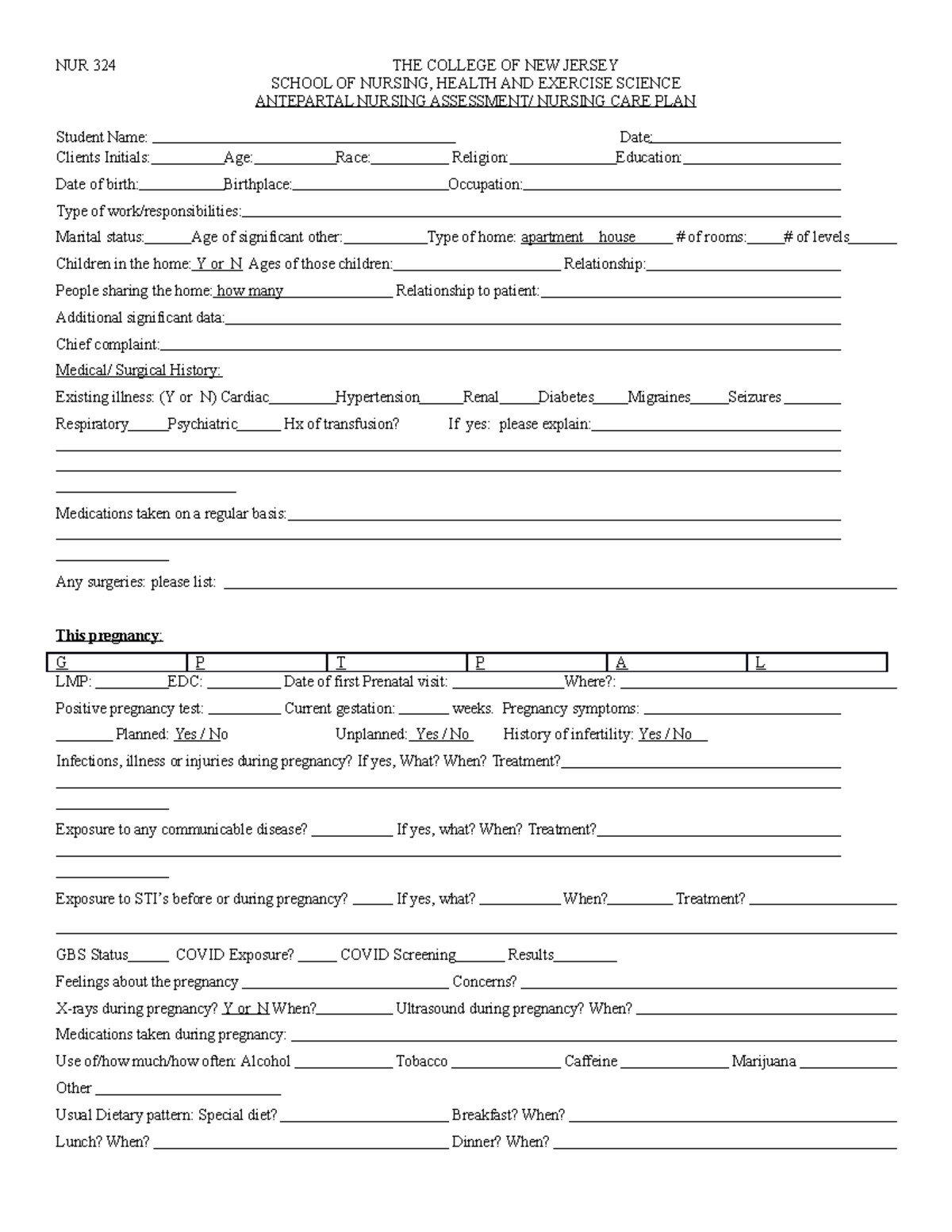 Antepartal assessment - NUR 324 THE COLLEGE OF NEW JERSEY SCHOOL OF ...