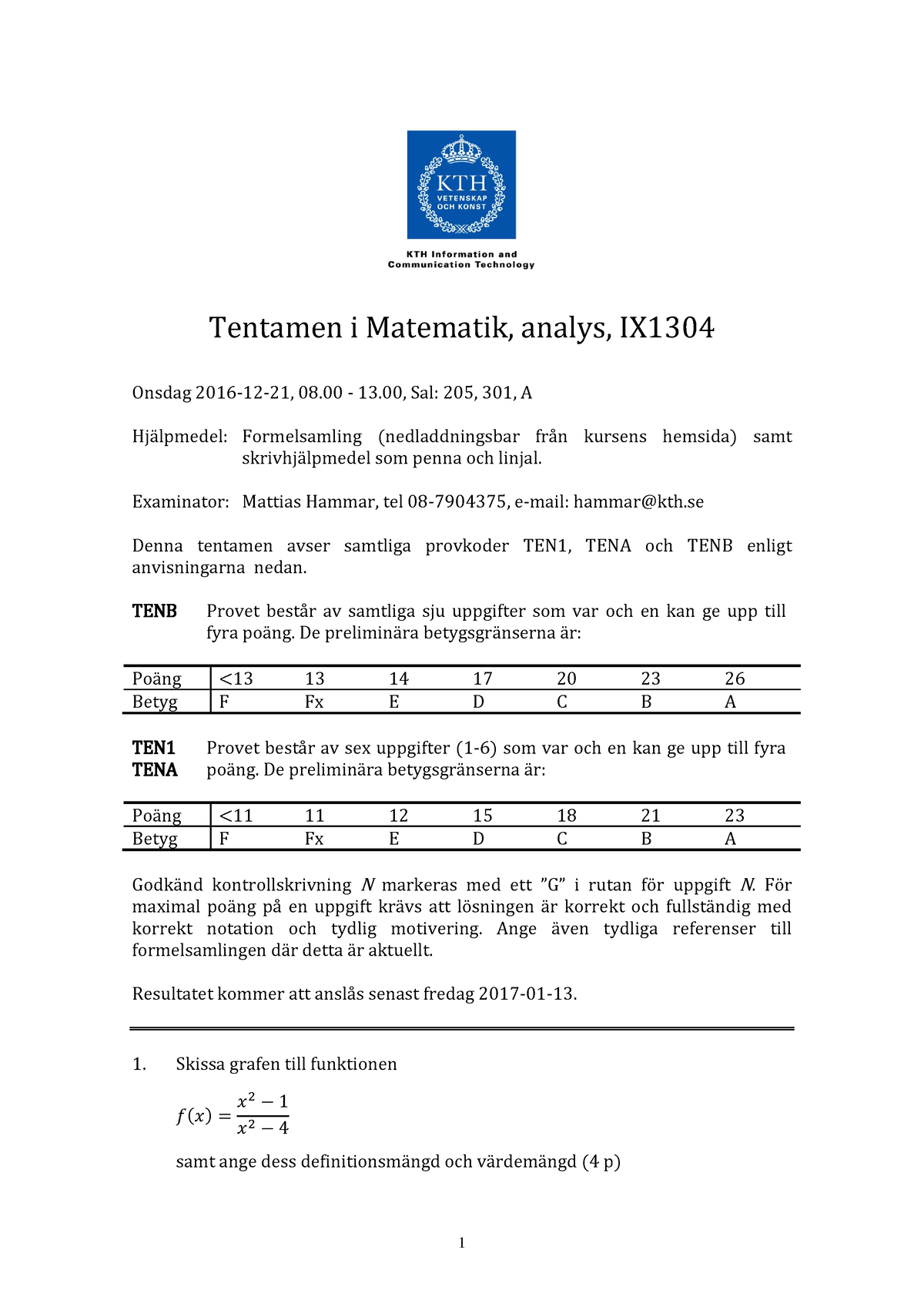 Tenta 21 December 2016, Frågor Och Svar - Tentamen I Matematik, Analys ...