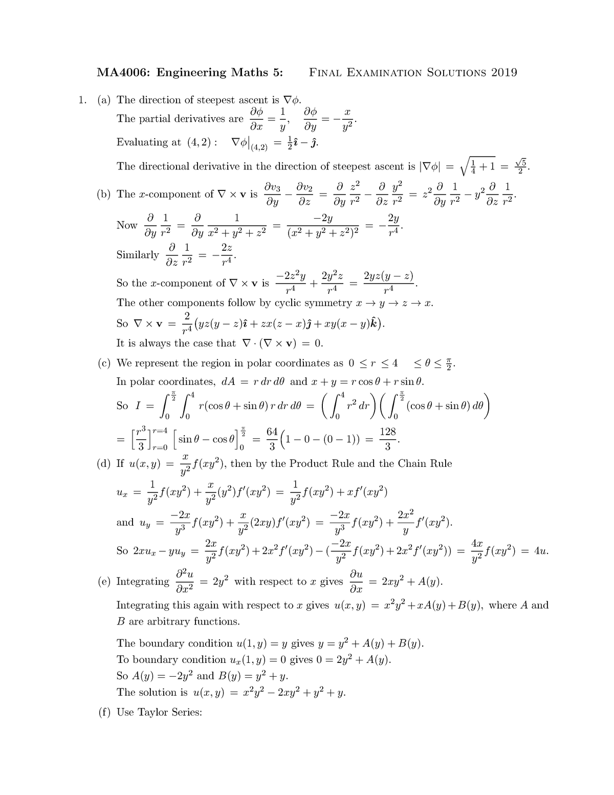 Final Exam 2 March 2020, answers - MA4006: Engineering Maths 5: Final ...
