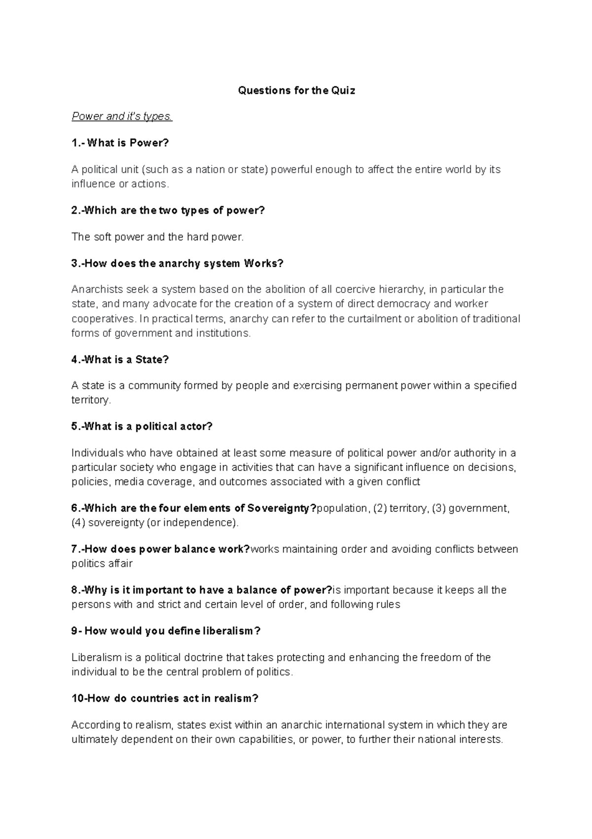 Act 3 Summary Questions Weeks 12 Questions for the Quiz Power and