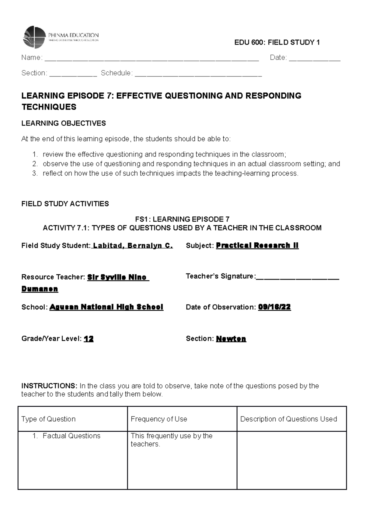EDU 600 LE # 7 - Field Study 1 - Name