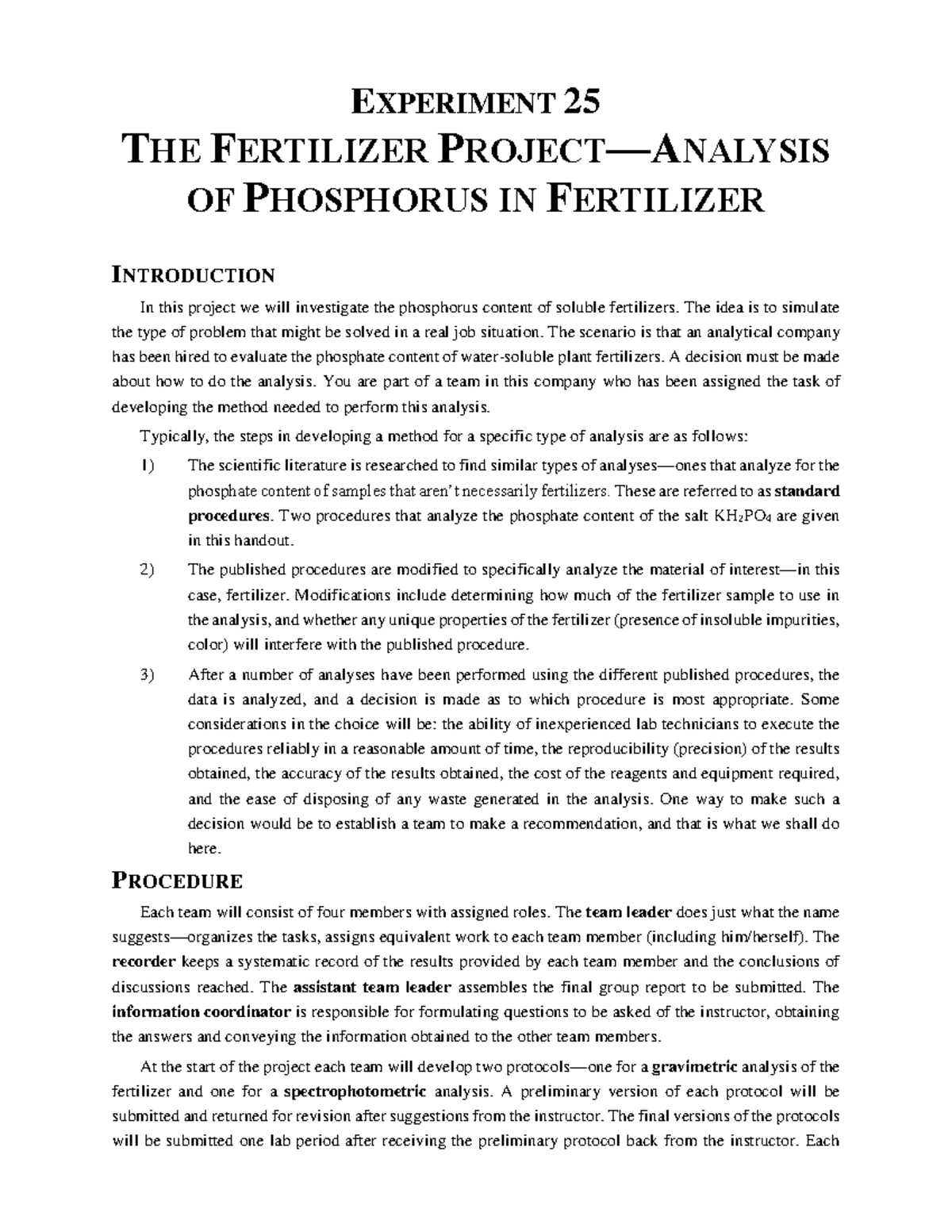 Uof C GL07 Lab lab report EXPERIMENT 25 THE FERTILIZER PROJECT