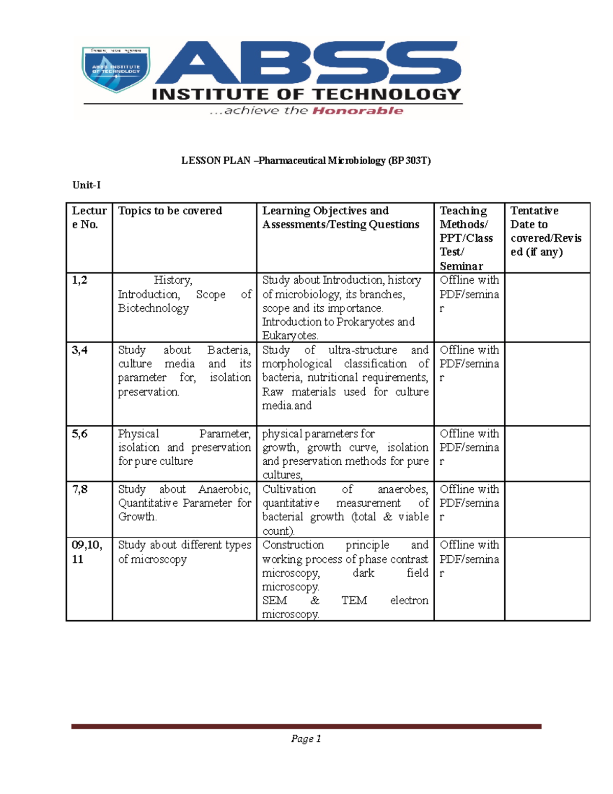 Microbiology plan - notes - LESSON PLAN –Pharmaceutical Microbiology ...