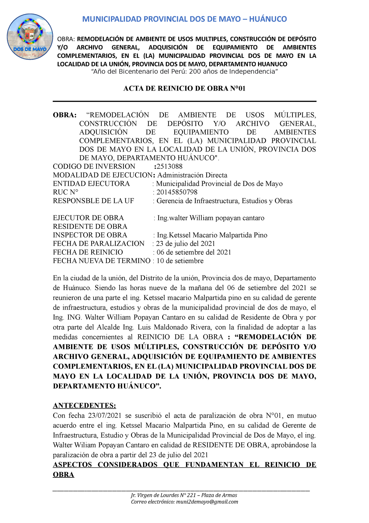 ACTA DE Reinicio DE OBRA - MUNICIPALIDAD PROVINCIAL DOS DE MAYO – HUÁNUCO  OBRA: REMODELACIÓN DE - Studocu