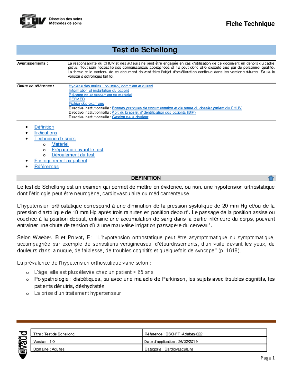 MDS Test Schellong DSO-FT -Adultes-022 1.0 - Titre : Test de Schellong ...