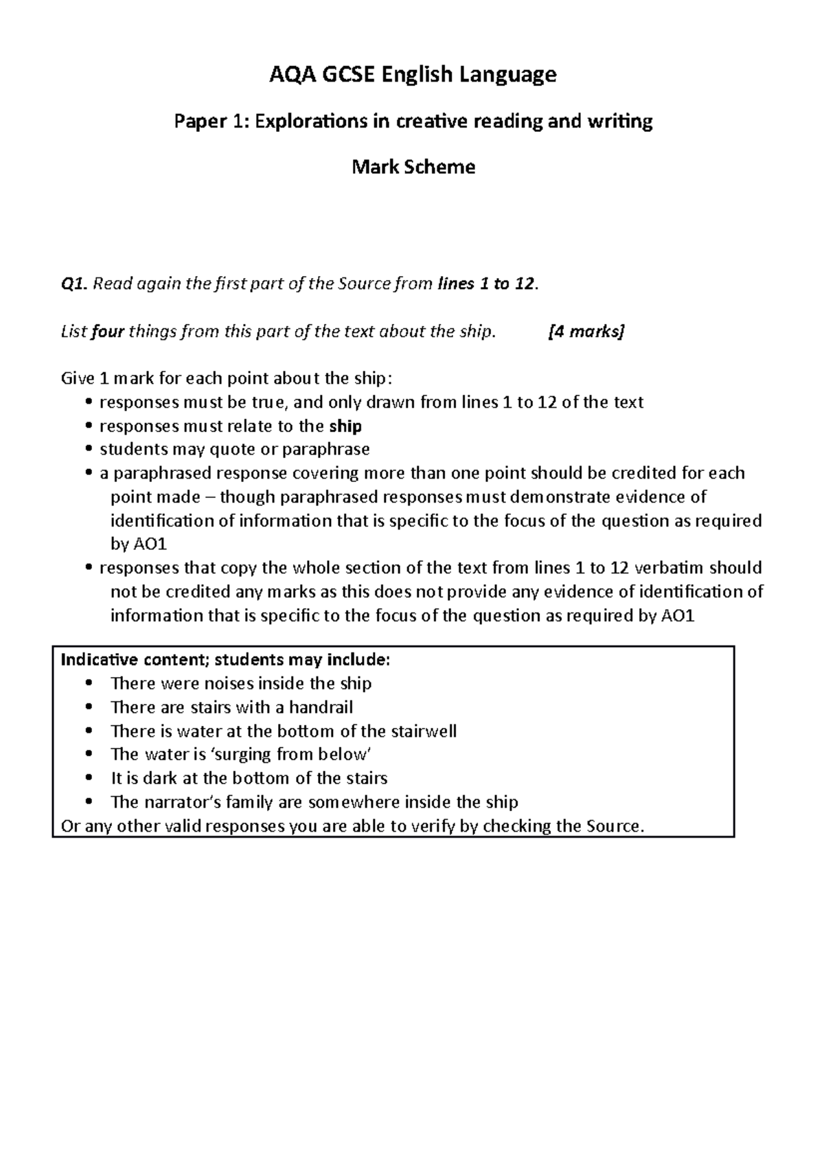 AQA English Language Sample Paper 1a Mark Scheme AQA GCSE English 