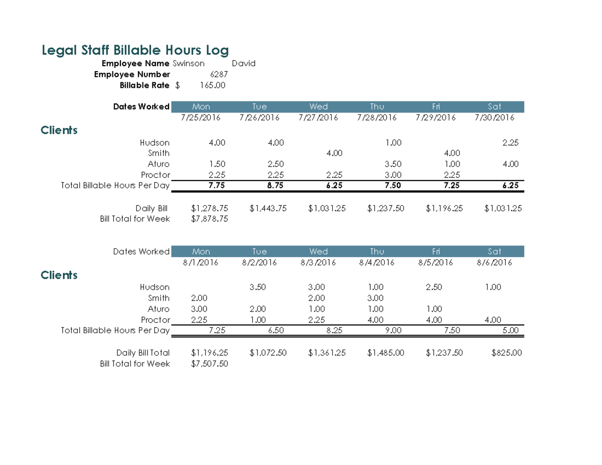 Challenge 1-3 - Legal Staff Billable Hours Log Employee NameSwinson ...