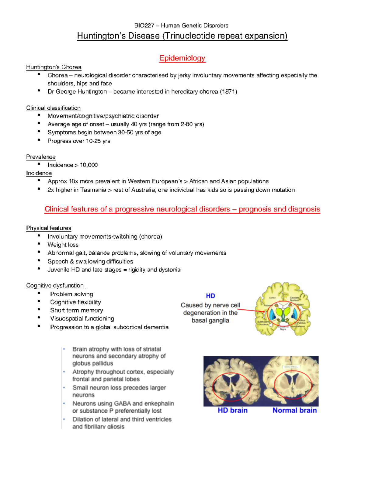 Lecture 8 And 9 - Huntington's Disease - Huntington’s Disease 