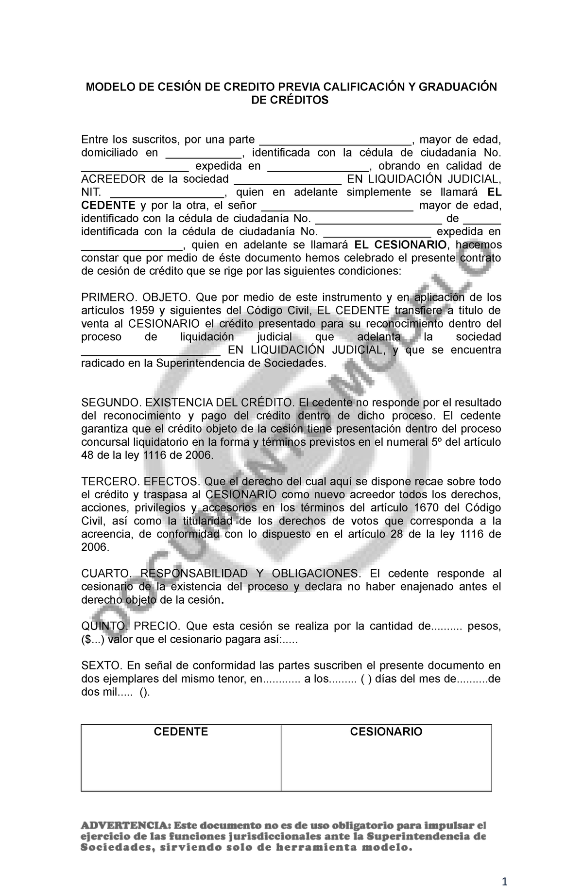 Modelo cesion previa calificacion - 1 MODELO DE CESIÓN DE CREDITO PREVIA  CALIFICACIÓN Y GRADUACIÓN - Studocu