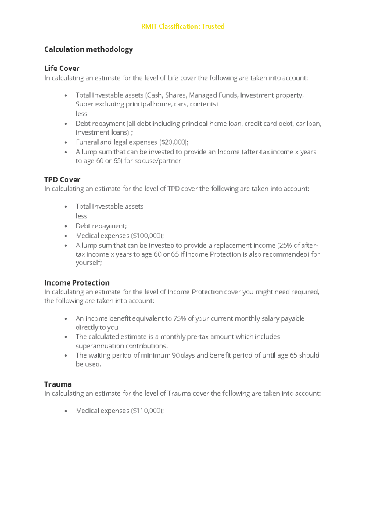 Insurance needs analysis - sample calculation methodology-1 - RMIT ...