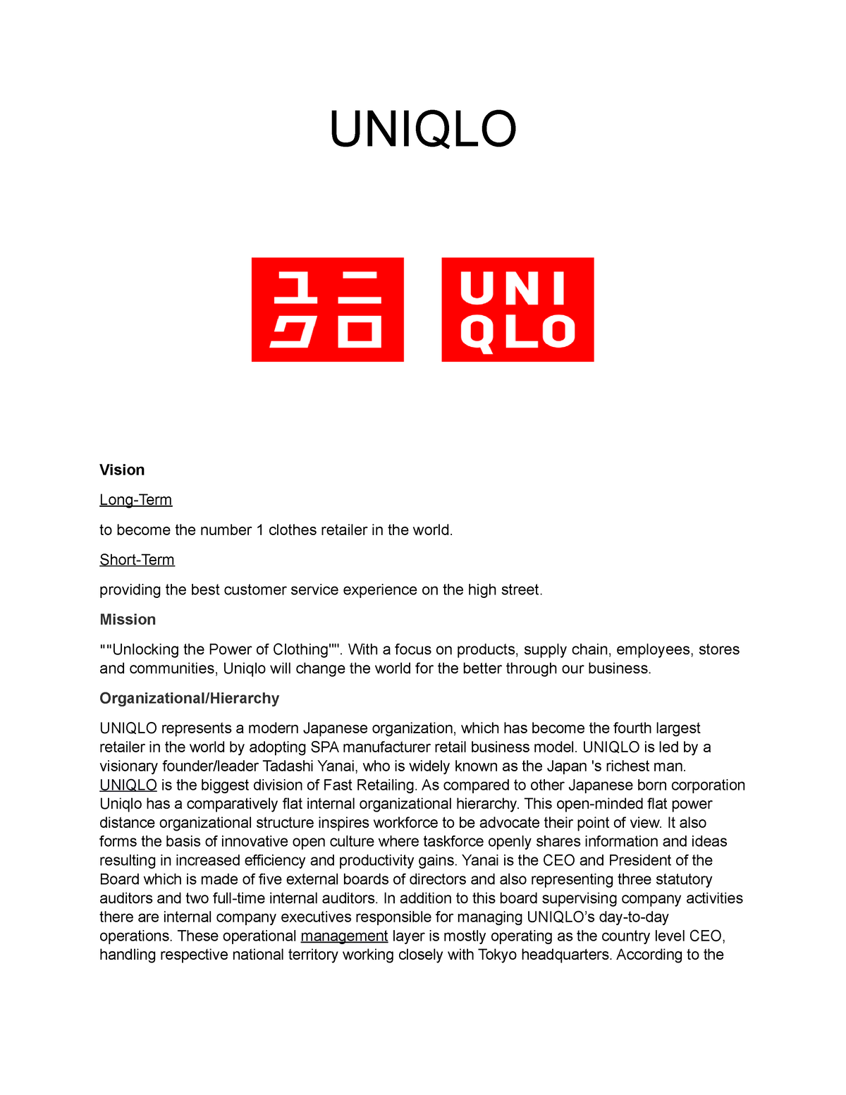 Uniqlo - assignment duo - UNIQLO Vision Long-Term to become the number ...