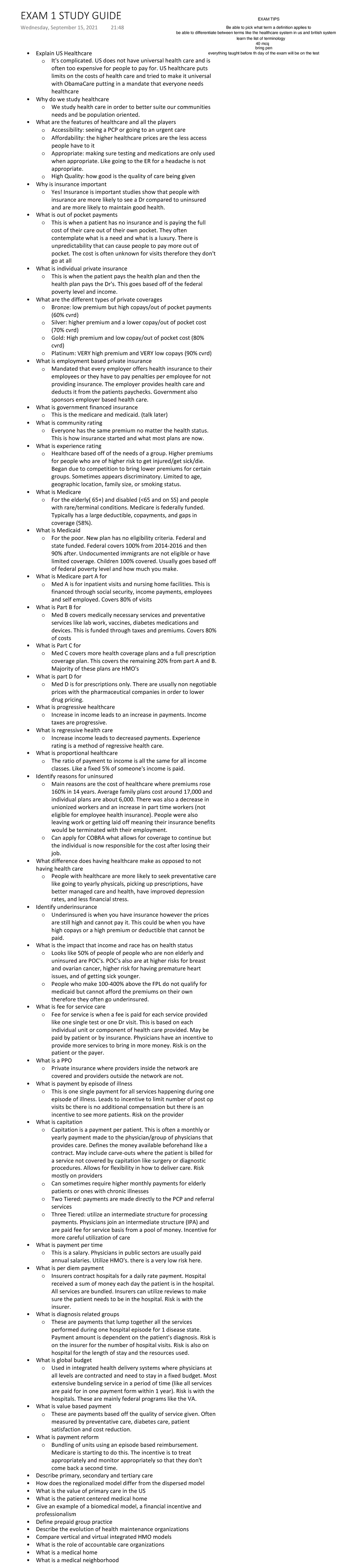 US healthcare Exam 1 study guide copy - Explain US Healthcare It's ...