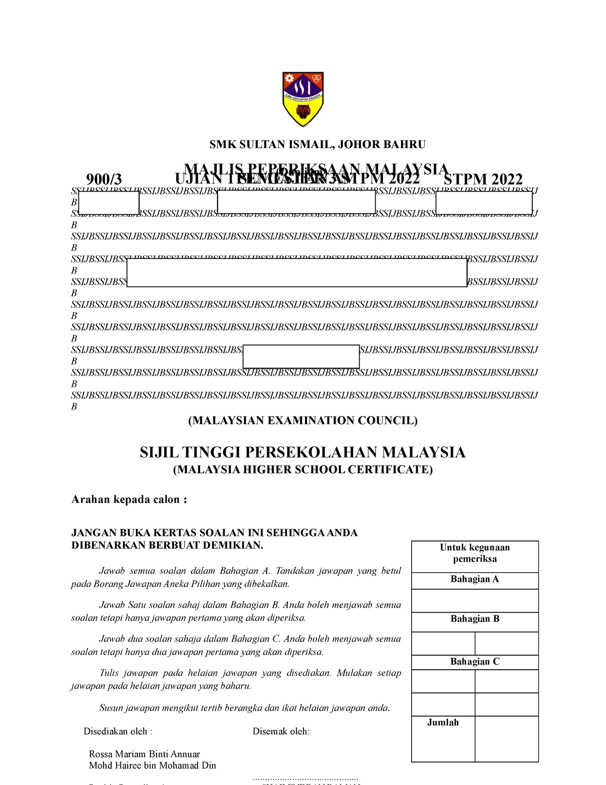 Soalan Ujian 1 SEM 3 2022 Ssijb - SMK SULTAN ISMAIL, JOHOR BAHRU MAJLIS ...