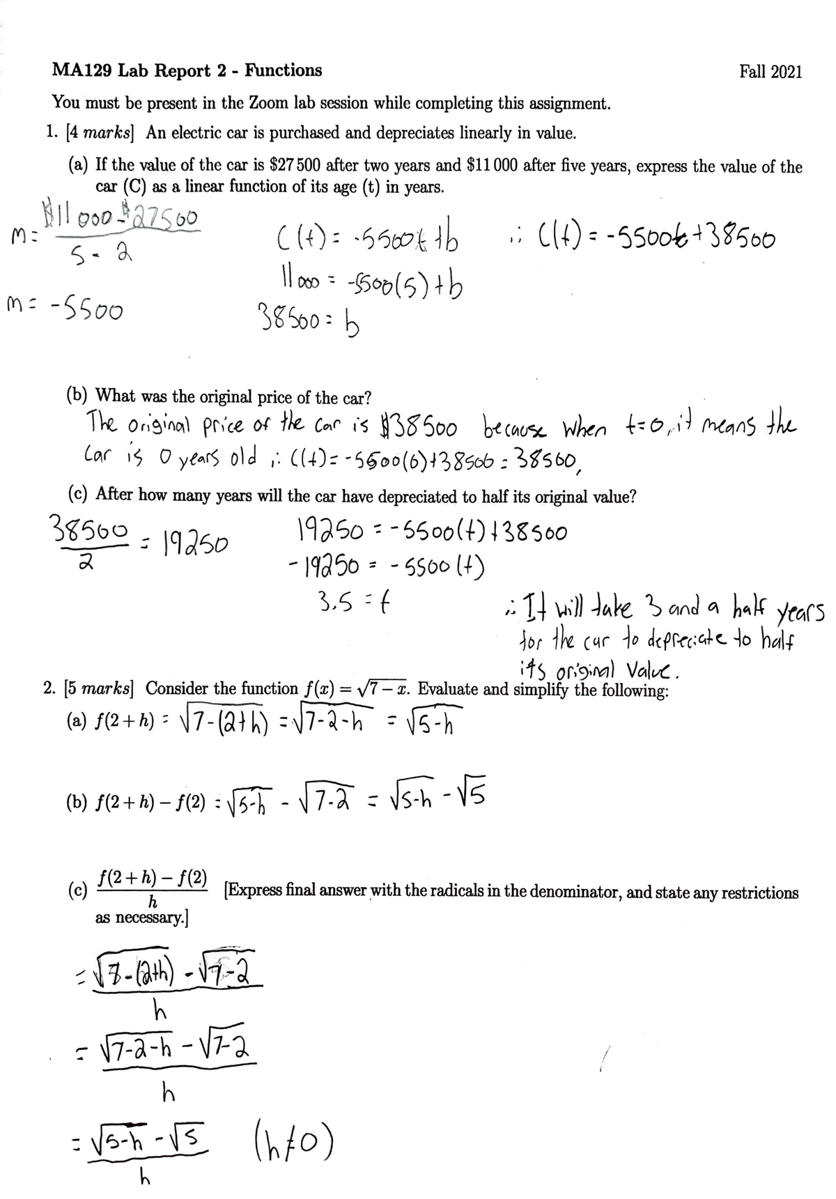 MA129 lab 2 - Answers to the intro to calc lab 2. Some answers may be ...