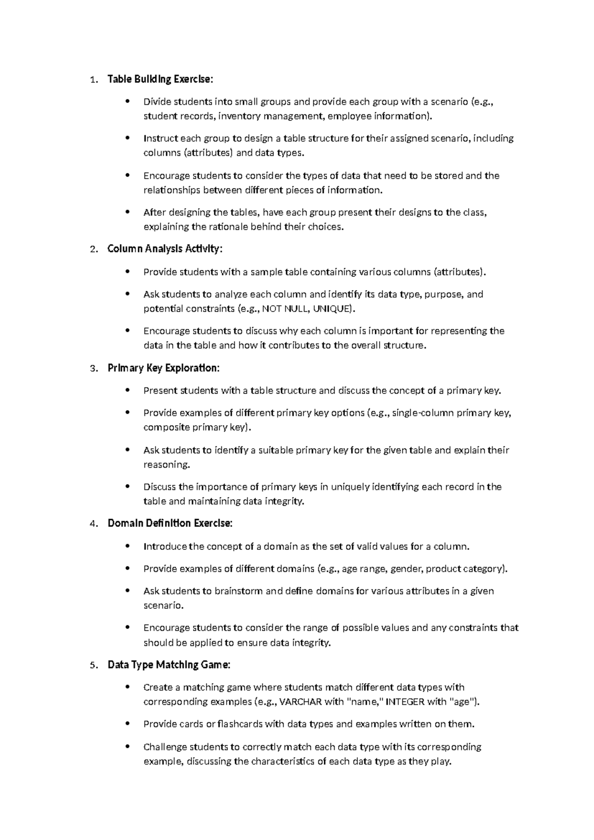 Support document - DBMS - 1. Table Building Exercise: Divide students ...