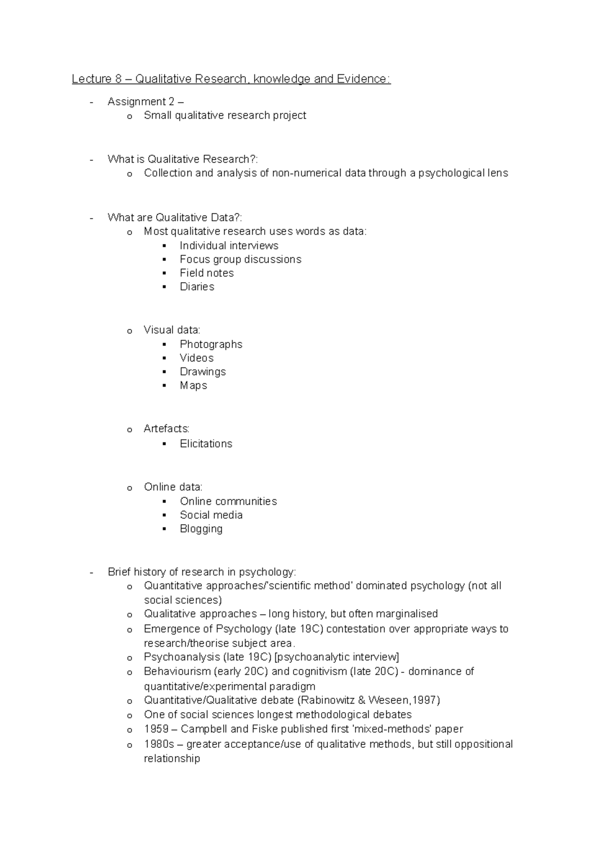 Qualitative Research, knowledge and Evidence - Lecture 8 – Qualitative ...