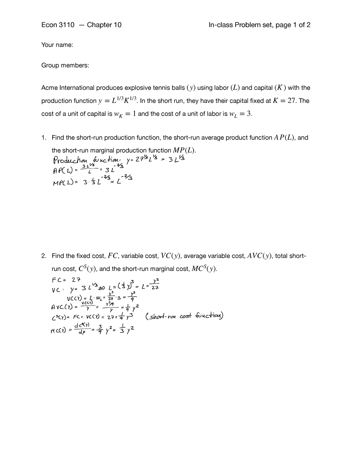 Chapter 10-solution - Econ 3110 — Chapter 10 In-class Problem set, page ...