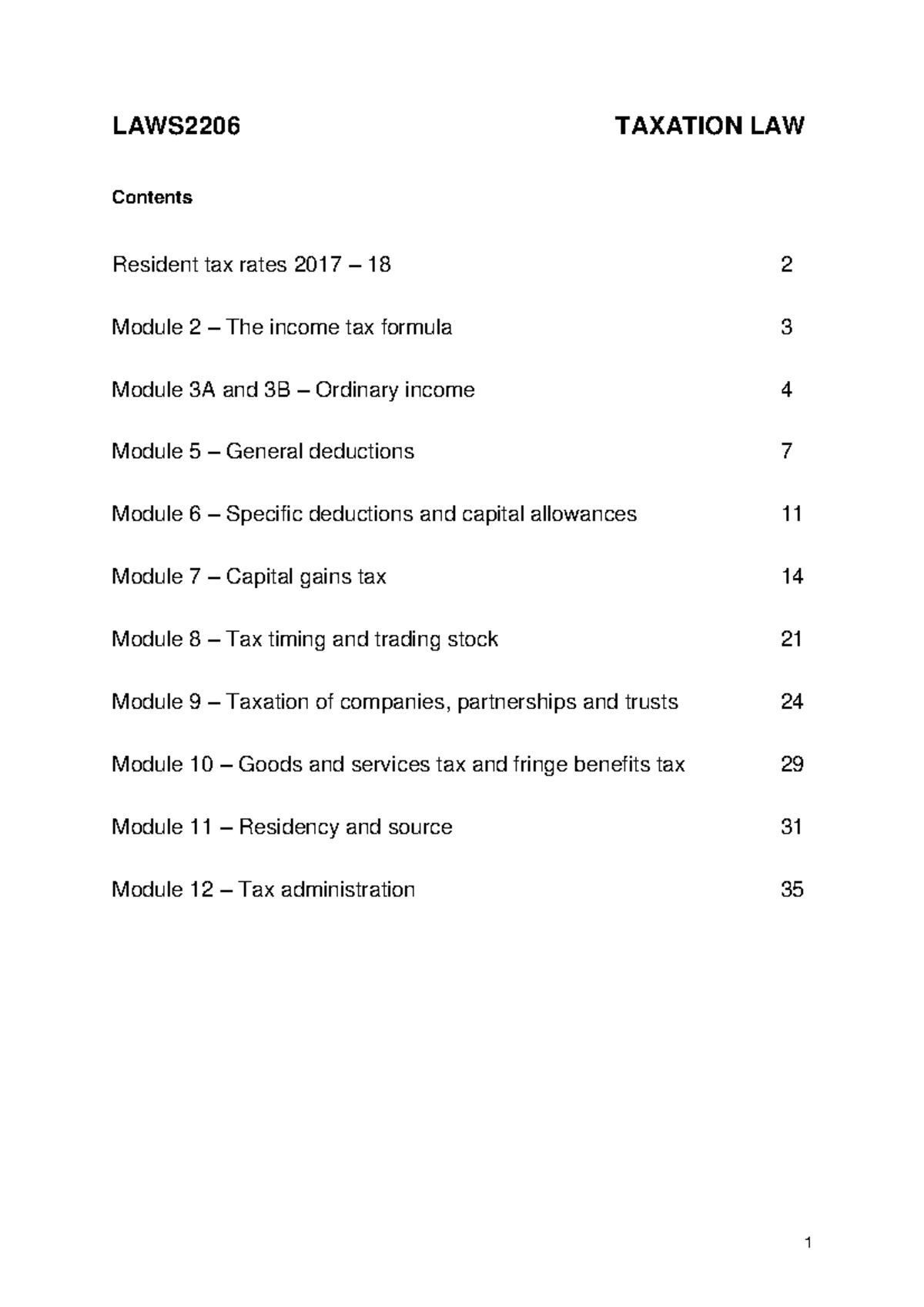 Taxation Law - Lecture Notes - LAWS2206 TAXATION LAW Resident tax rates ...