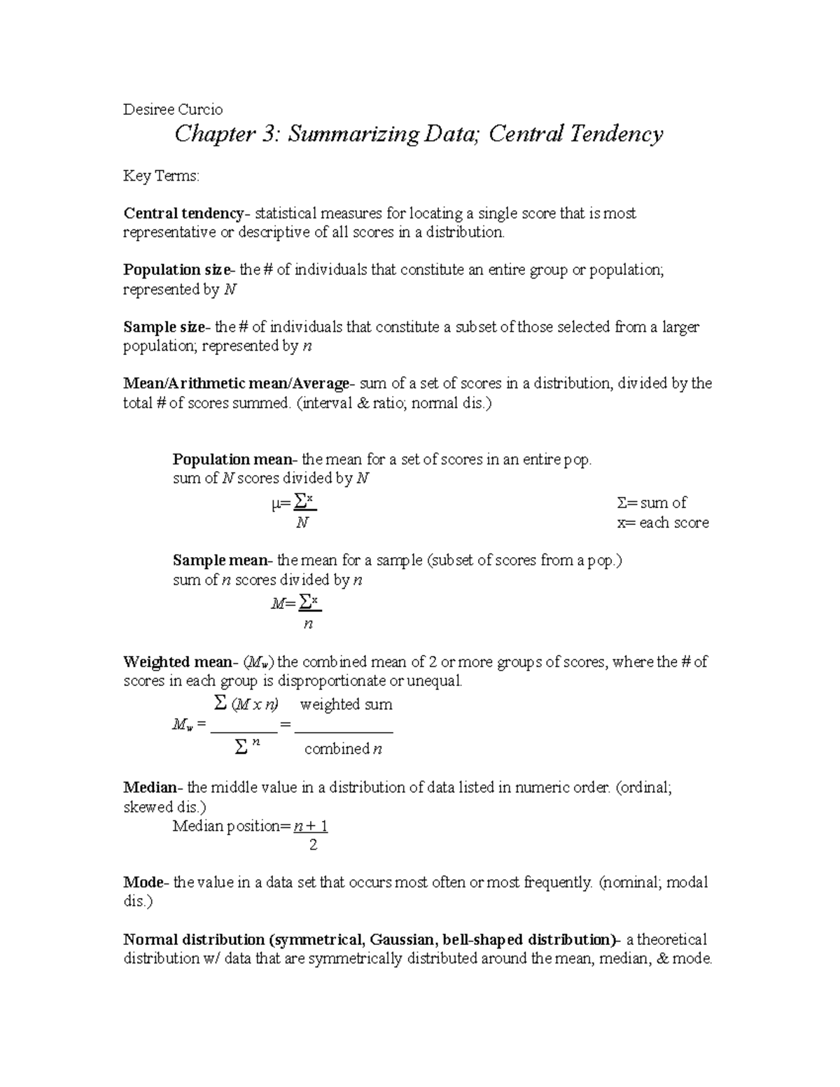 Ch 3 - Lecture notes 3 - Desiree Curcio Chapter 3: Summarizing Data ...