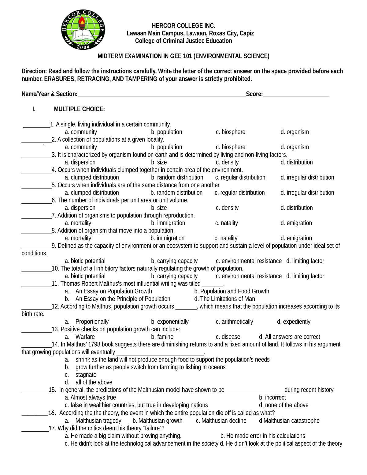 Hercor College INC Midterm EXAM GEE 101 - HERCOR COLLEGE INC. Lawaan ...