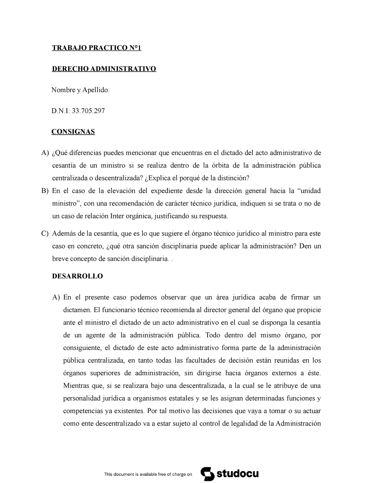 Tp 1 Derecho Administrativo Trabajo Practico N° Derecho Administrativo Nombre Y Apellido Dn 9961