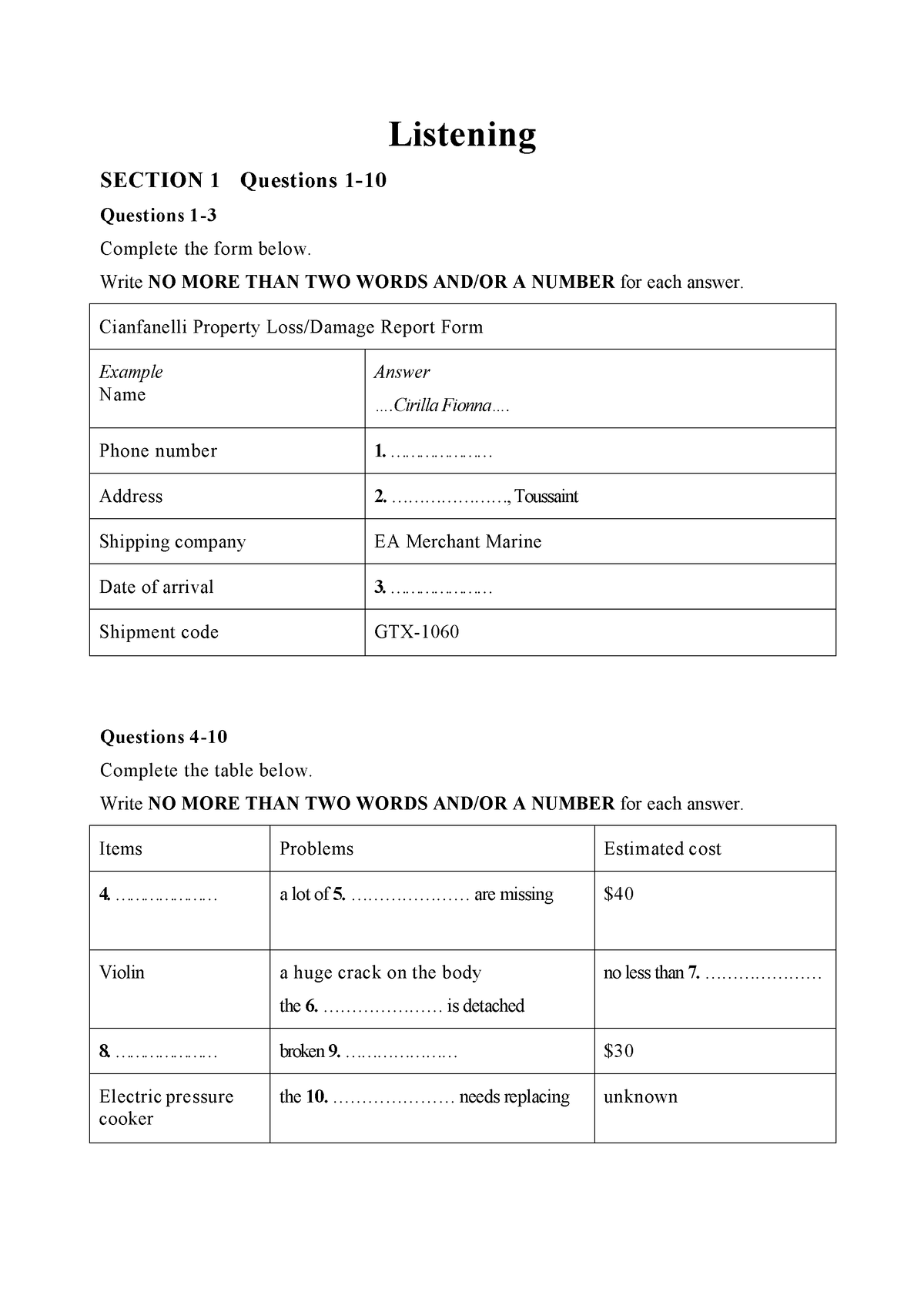 Practice Test - English - Listening SECTION 1 Questions 1- Questions 1 ...