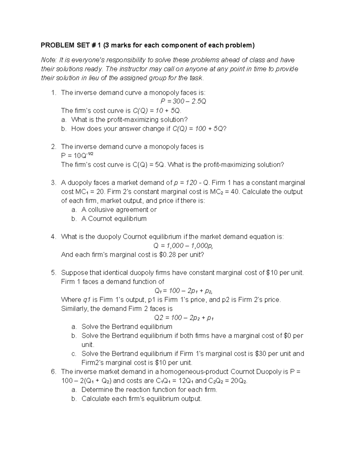 Problem SET 1 - Sample questions - PROBLEM SET # 1 (3 marks for each ...