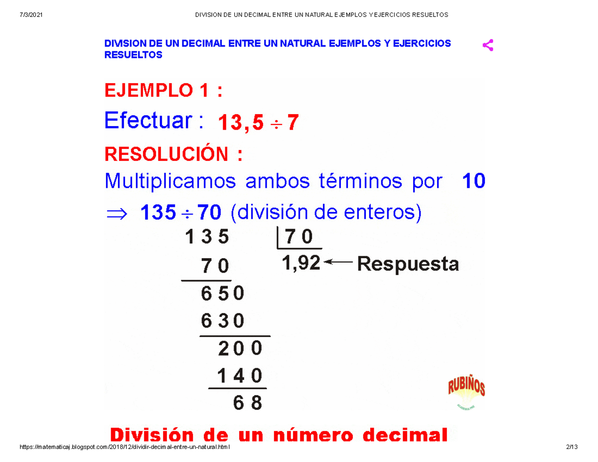 Division De Un Decimal Entre Un Natural Ejemplos Y Ejercicios Resueltos Educación Matemática