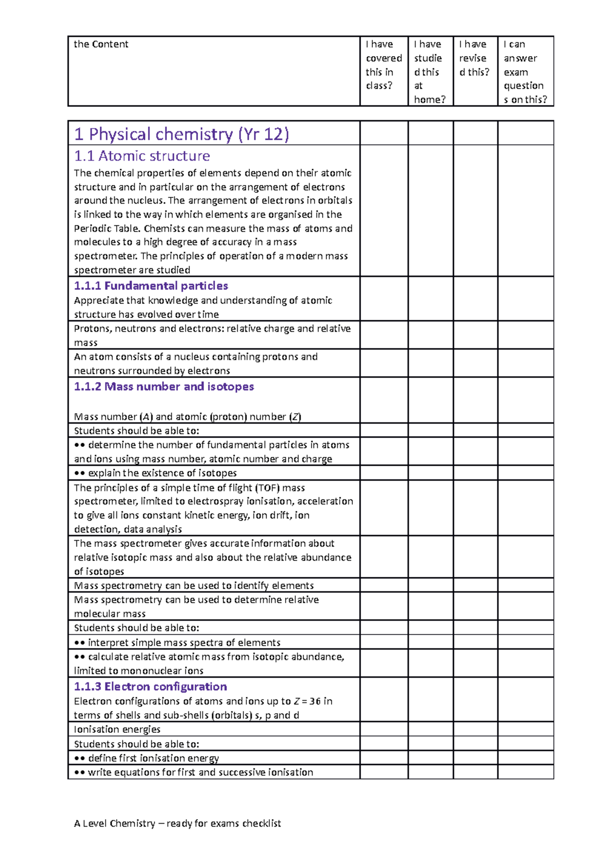 Aqa chem new both yr's checklist - covered this in class? studie d this ...