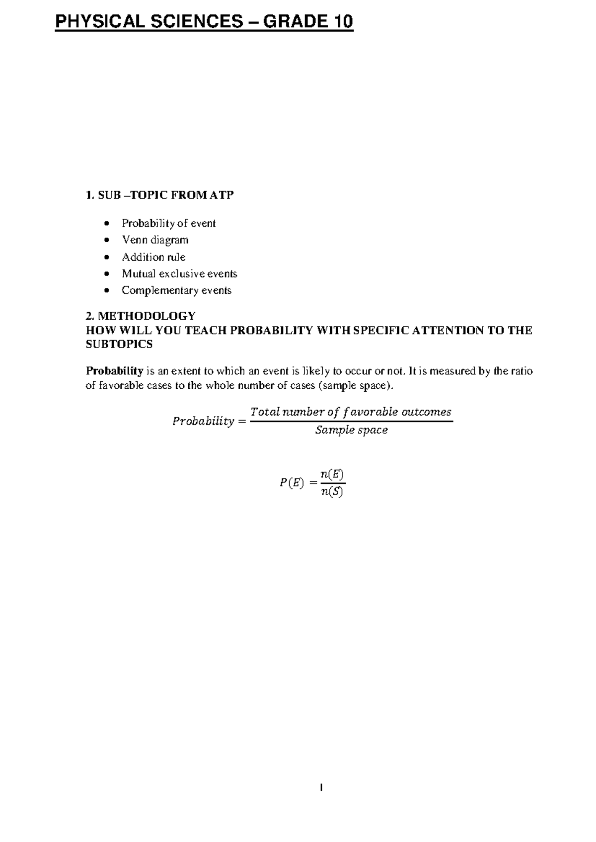 Physical Sciences Grade 10 Notes PHYSICAL SCIENCES GRADE 10 1. SUB