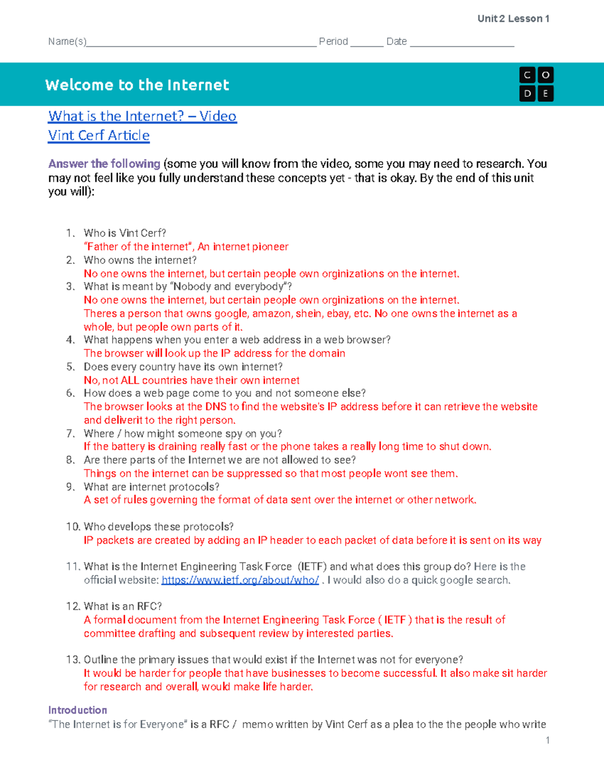Welcome to the internet - Unit 2 Lesson 1 Name(s