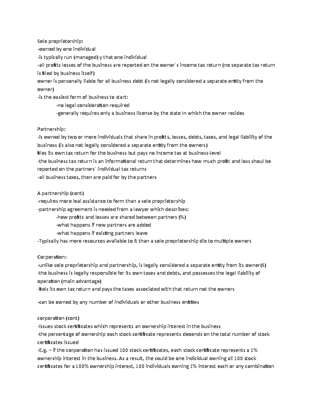 Course Summary Sole proprietorship owned by one individual is