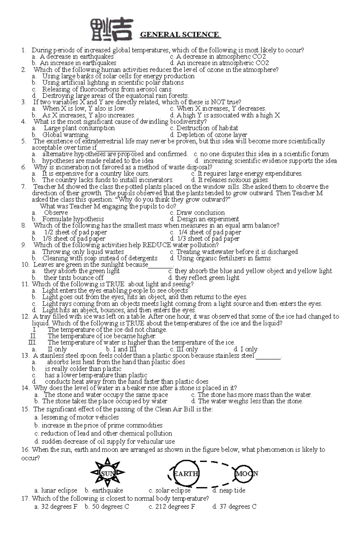 Gen Sample Test for Gen Ed GENERAL SCIENCE During periods of