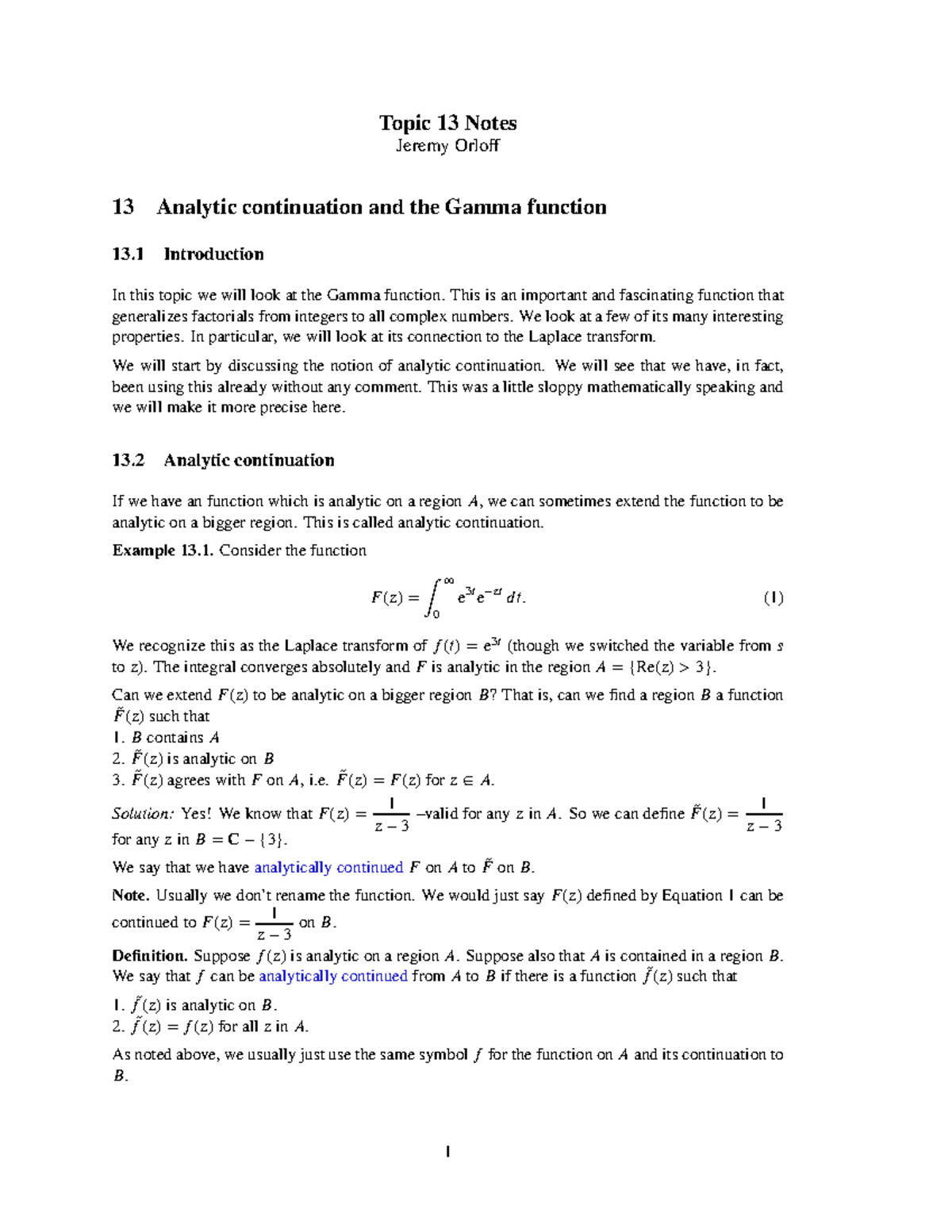 Topic 13-Analytic Continuation and the Gamma Function - Topic 13 Notes ...