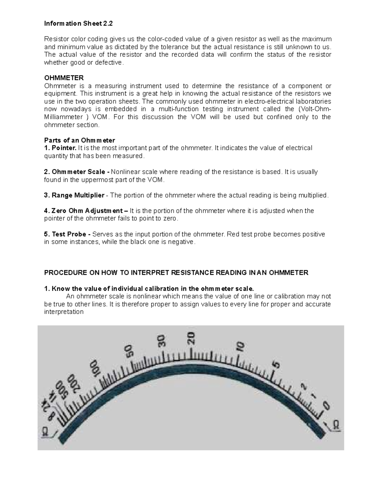 Ohmmeter Notes sadasdadw Information Sheet 2. Resistor color coding