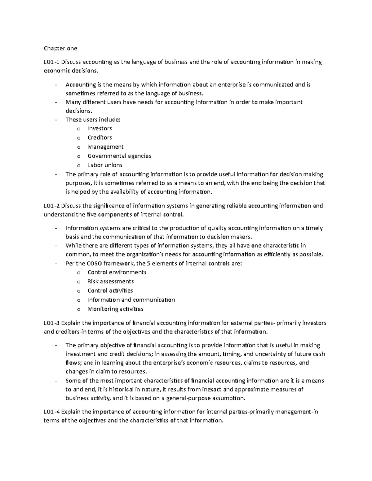 Chapter One Summary - Chapter One Lo1-1 Discuss Accounting As The 