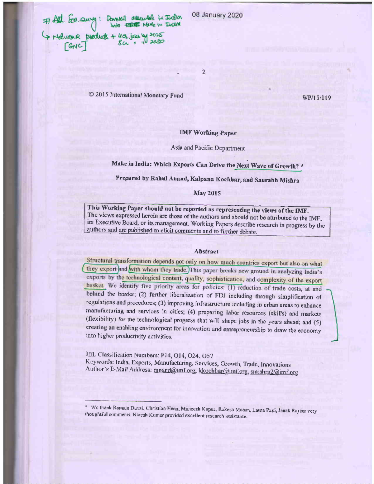 IMFWorkingpaperMakeinIndia pp O 2015 International Fund