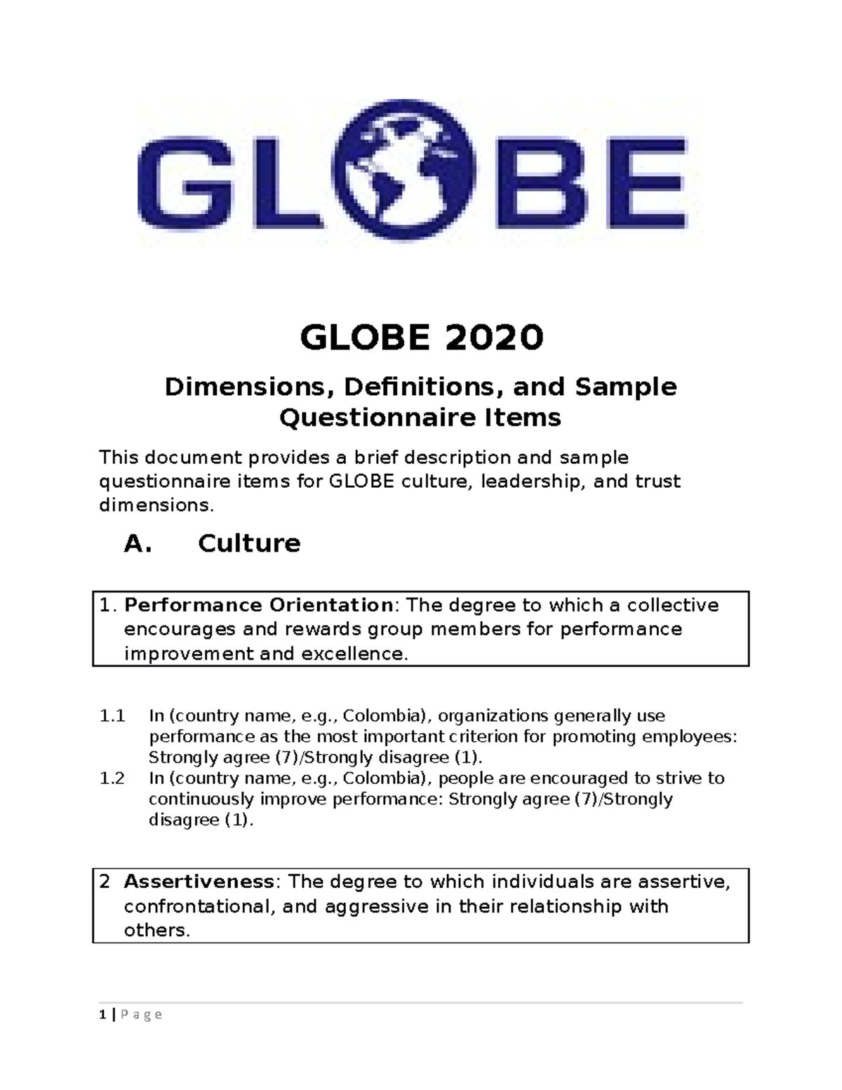 Globe Dimensions Definitions and Sample Scale Items 8 23 19 GLOBE