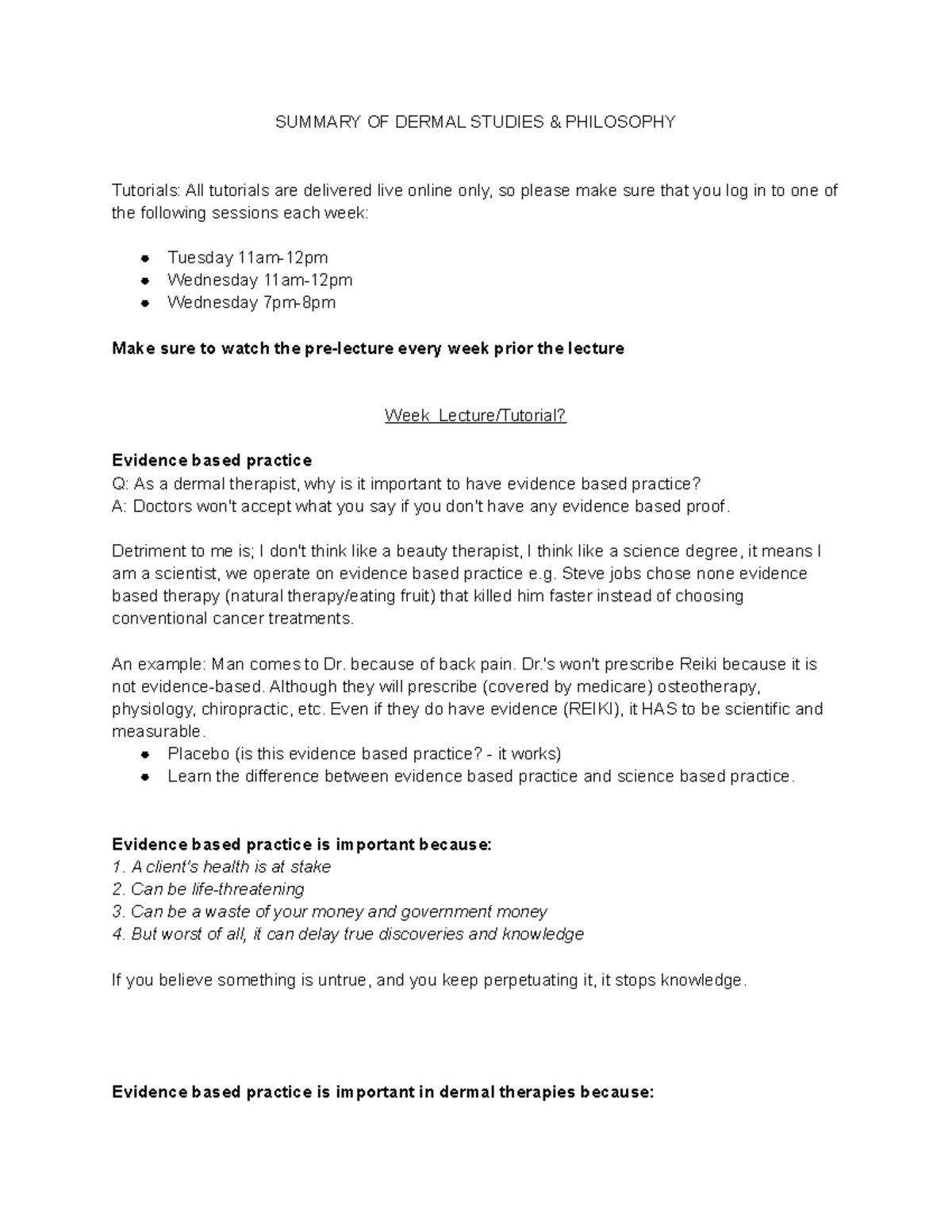 Dermal Studies and Philosophy Lecture Notes - SUMMARY OF DERMAL STUDIES ...