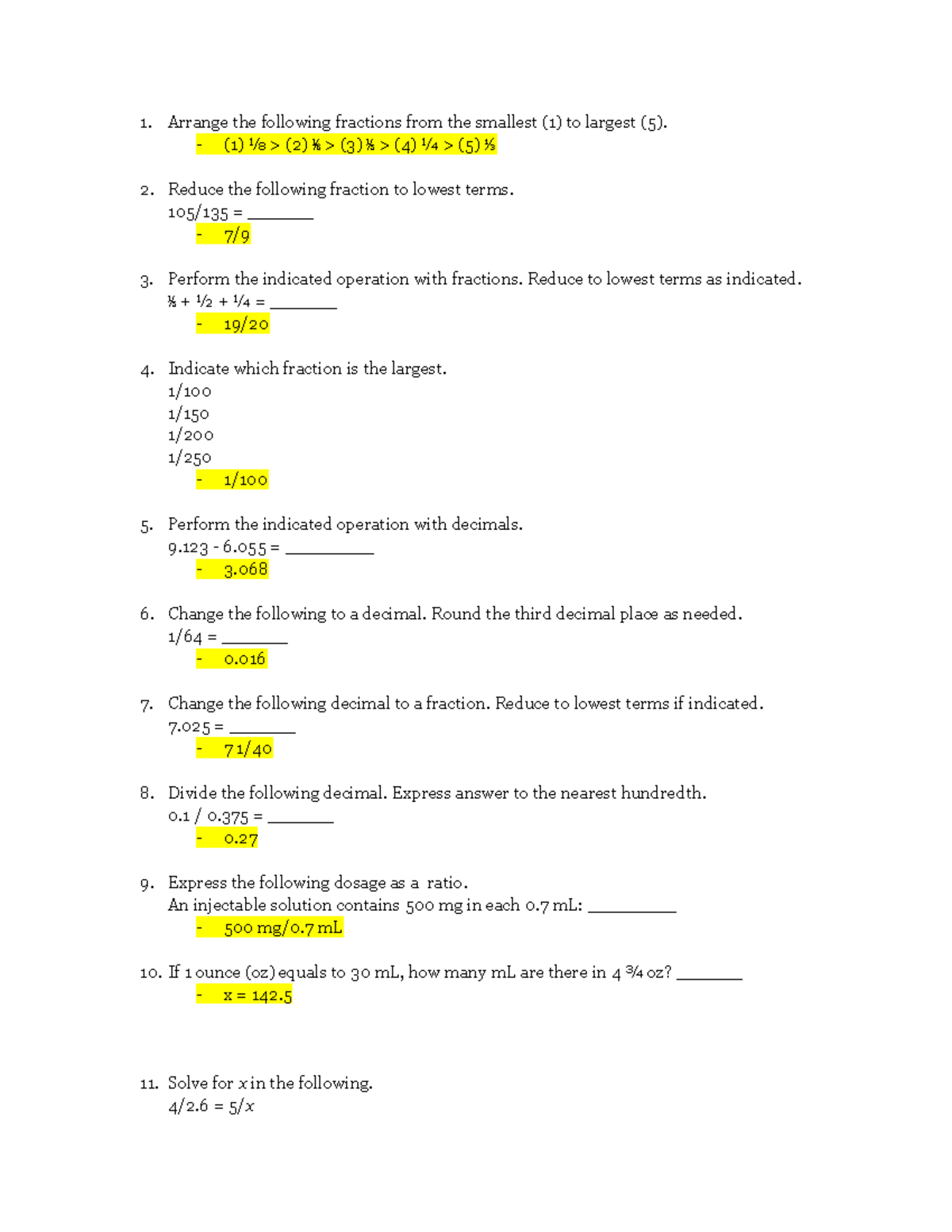 Module 1 Basic Math Pre-Test (Ch. 1-5) - Arrange the following ...