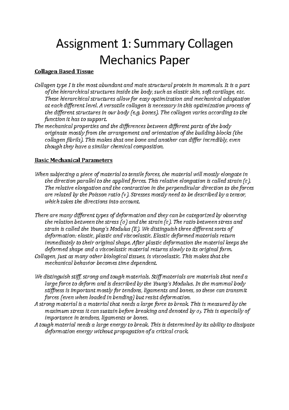Tissue Biomechanics Assignment 1 Paper Fratzl Assignment 1 