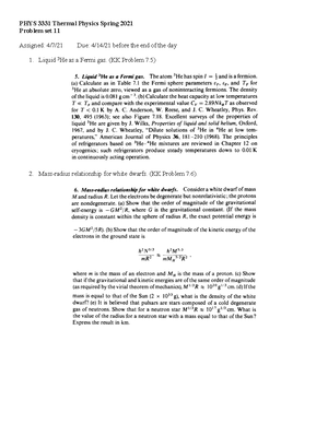 Problem SET 3 questions - PHYS 3331 Thermal Physics Spring 2021 Problem ...