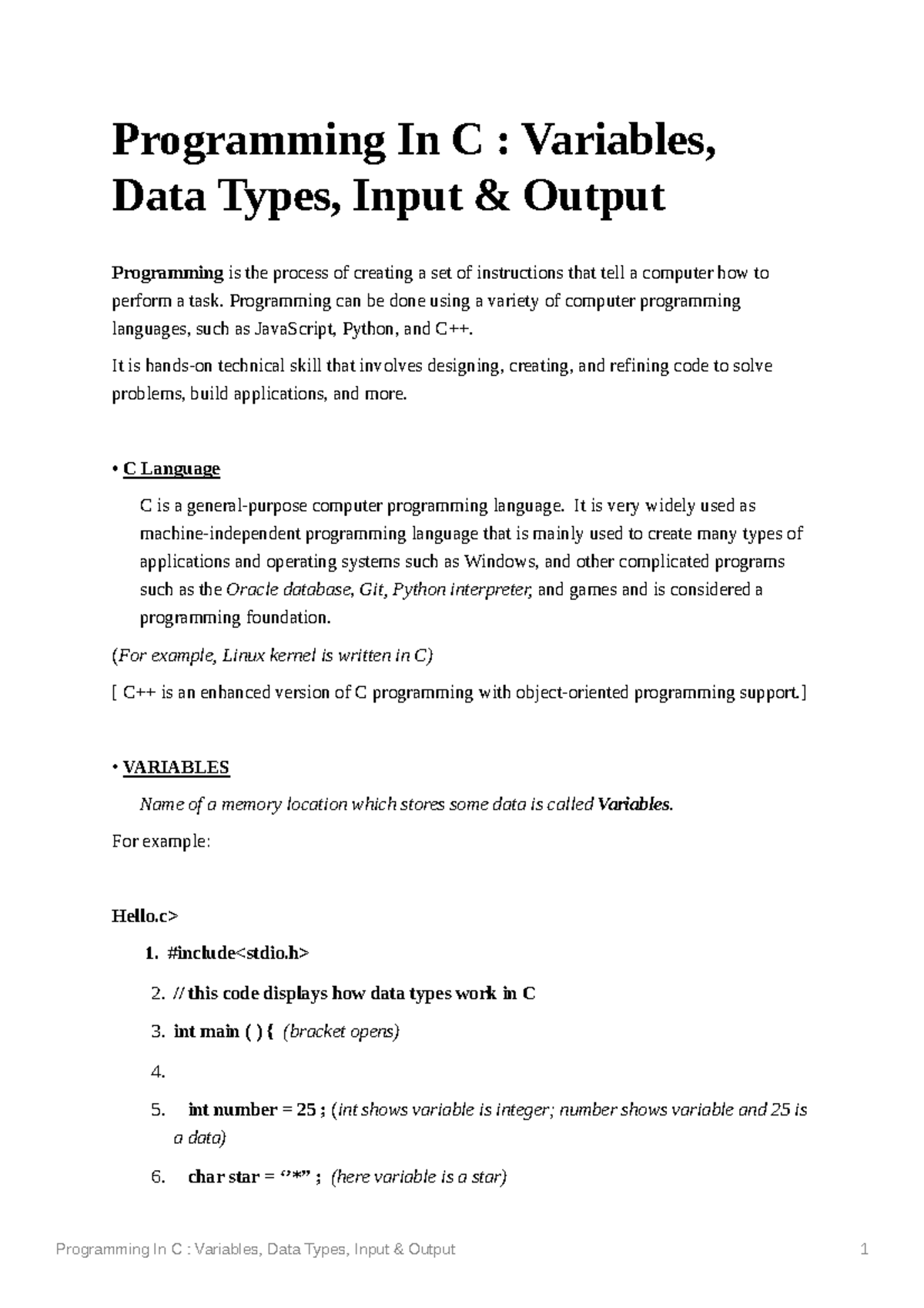 Programming In C Variables Data Types Input Output - Programming In C ...